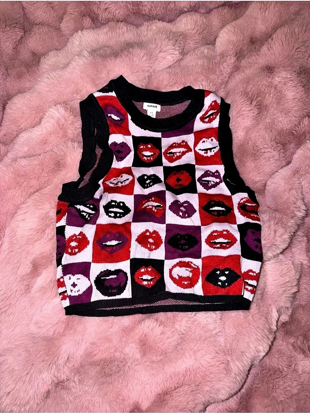 Garage Lip Print Checkered Sweater Vest.